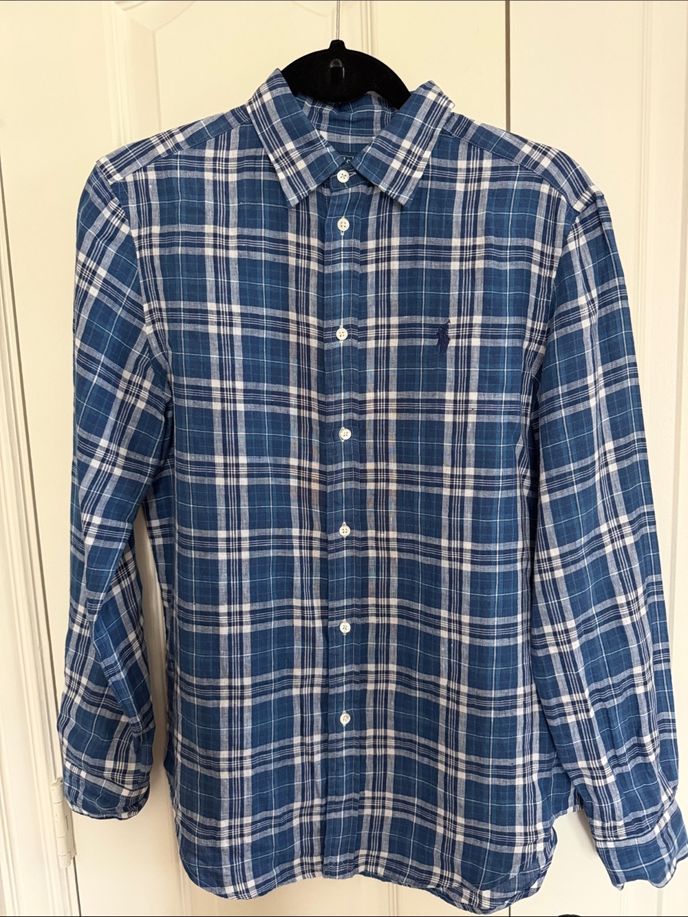 Polo by Ralph Lauren Blue and White Plaid Linen Button-Down Shirt